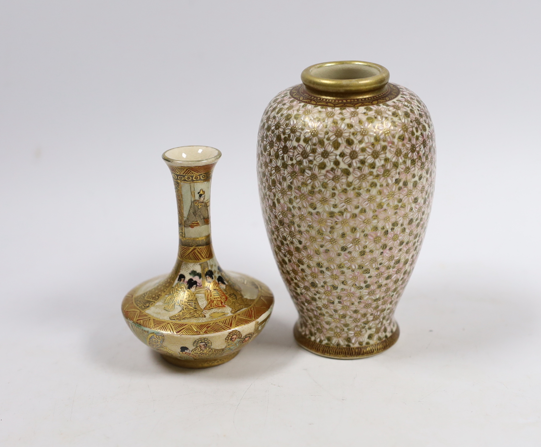 Two Japanese Satsuma pottery vases, early 20th century, one decorated with flowers, largest 12cm high